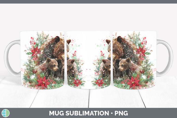Bear Animals Christmas Poinsettia Mug Wrap Sublimation Desig