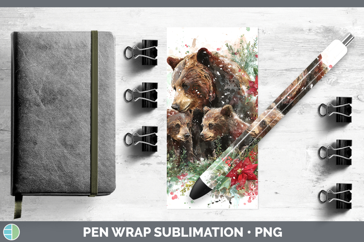 Bear Animals Christmas Poinsettia Pen Wrap Sublimation Desig