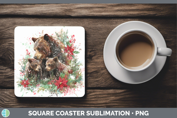 Bear Animals Christmas Poinsettia Square Coaster Sublimation