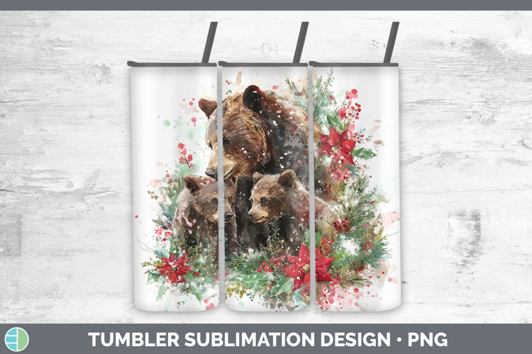 Bear Animals Christmas Poinsettia Tumbler Sublimation Design