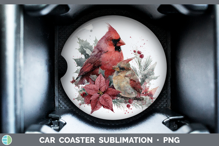 Cardinal Animals Christmas Poinsettia Car Coaster Sublimatio