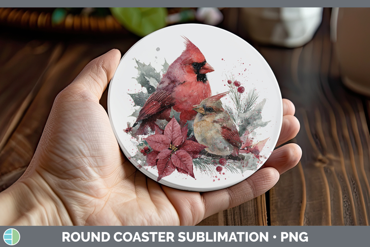Cardinal Animals Christmas Poinsettia Round Coaster Sublimat