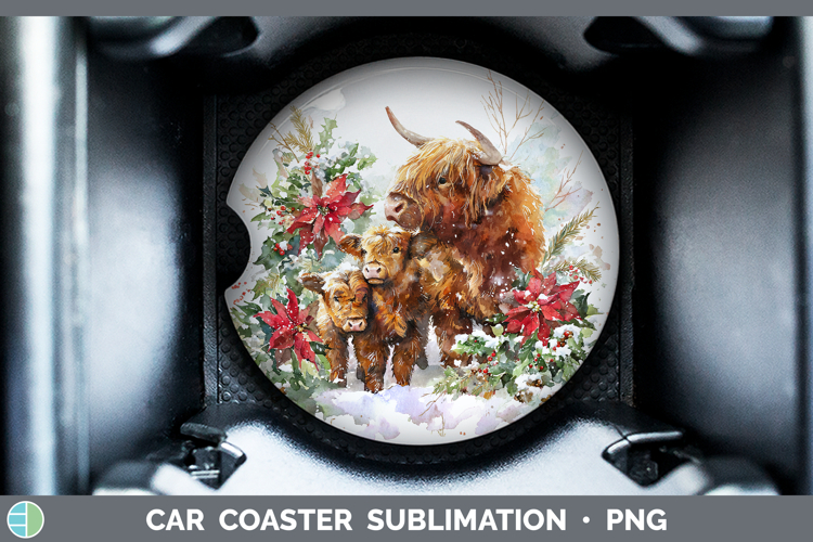 Highland Cow Animals Christmas Poinsettia Car Coaster Sublim