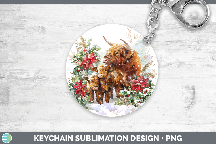 Highland Cow Animals Christmas Poinsettia Keychain Sublimati