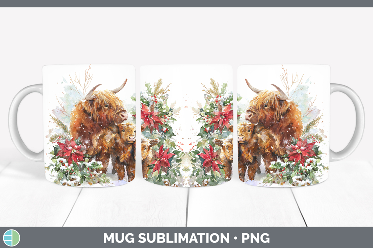 Highland Cow Animals Christmas Poinsettia Mug Wrap Sublimati