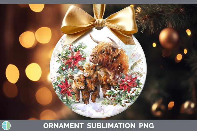 Highland Cow Animals Christmas Poinsettia Ornament Sublimati