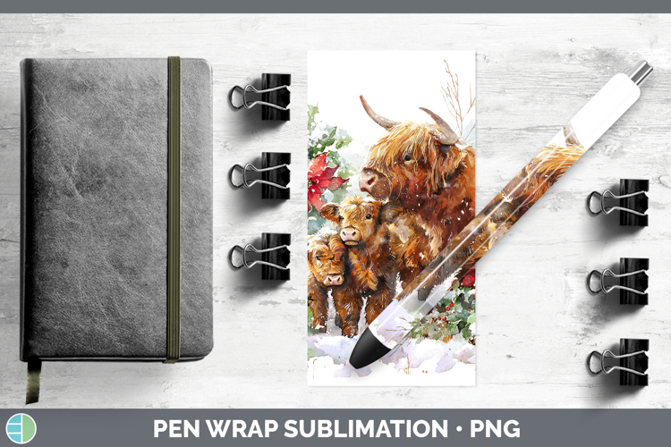 Highland Cow Animals Christmas Poinsettia Pen Wrap Sublimati