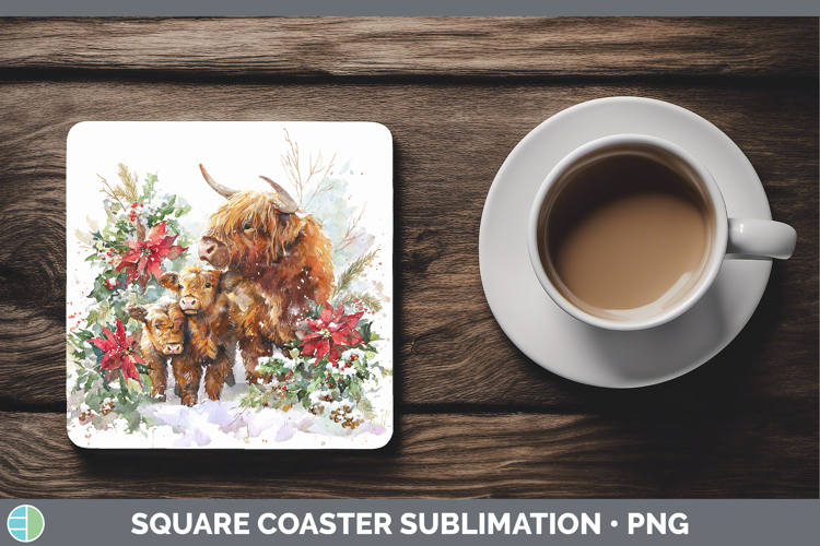 Highland Cow Animals Christmas Poinsettia Square Coaster Sub