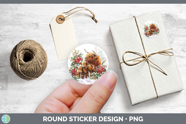 Highland Cow Animals Christmas Poinsettia Stickers Design