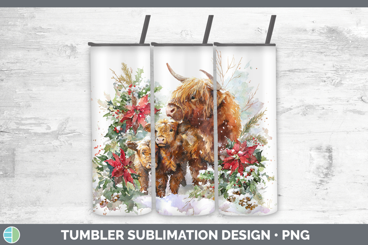 Highland Cow Animals Christmas Poinsettia Tumbler Sublimatio