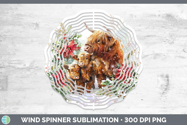 Highland Cow Animals Christmas Poinsettia Wind Spinner Subli