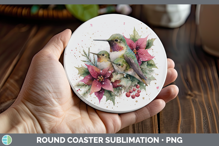 Hummingbird Animals Christmas Poinsettia Round Coaster Subli