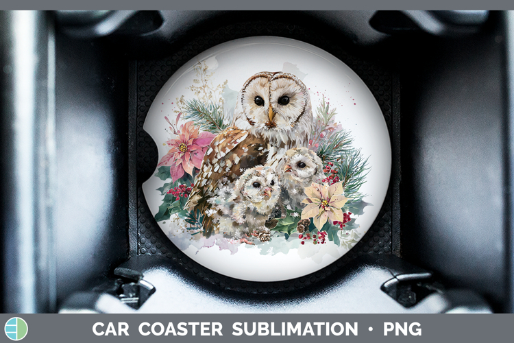 Owl Animals Christmas Poinsettia Car Coaster Sublimation Des