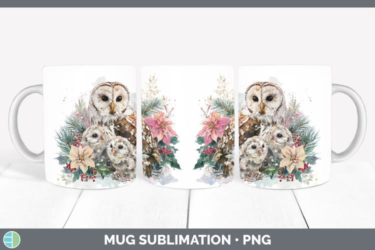 Owl Animals Christmas Poinsettia Mug Wrap Sublimation Design