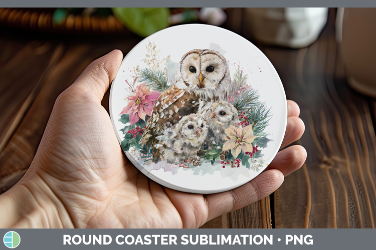 Owl Animals Christmas Poinsettia Round Coaster Sublimation D
