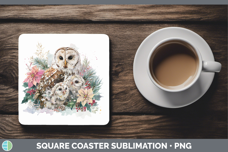 Owl Animals Christmas Poinsettia Square Coaster Sublimation
