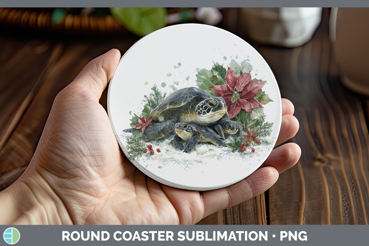 Sea Turtle Animals Christmas Poinsettia Round Coaster Sublim