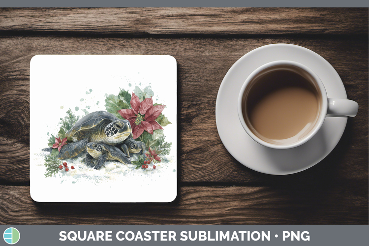 Sea Turtle Animals Christmas Poinsettia Square Coaster Subli