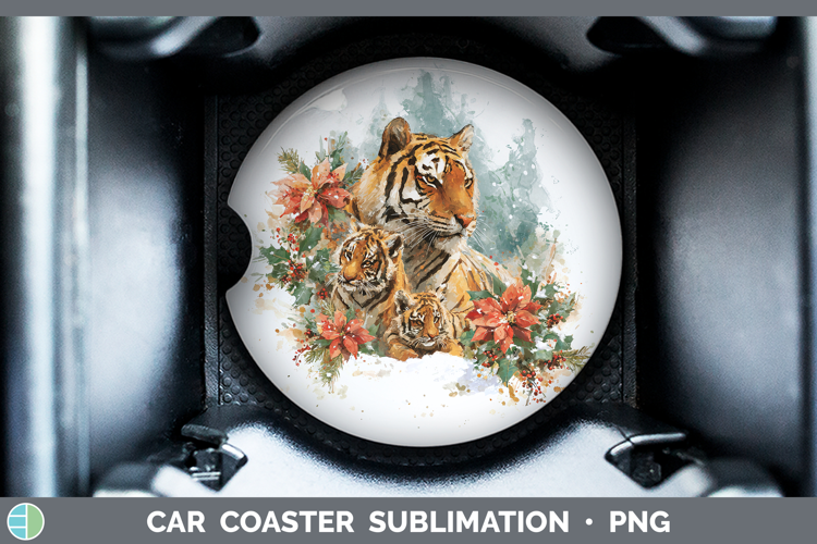 Tiger Animals Christmas Poinsettia Car Coaster Sublimation D