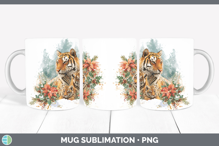 Tiger Animals Christmas Poinsettia Mug Wrap Sublimation Desi