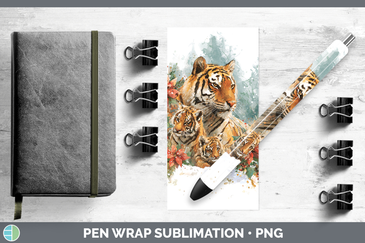 Tiger Animals Christmas Poinsettia Pen Wrap Sublimation Desi
