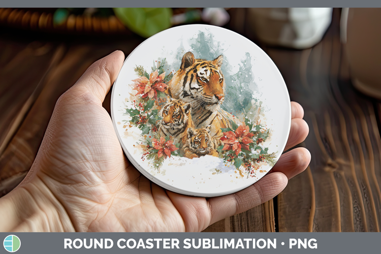 Tiger Animals Christmas Poinsettia Round Coaster Sublimation