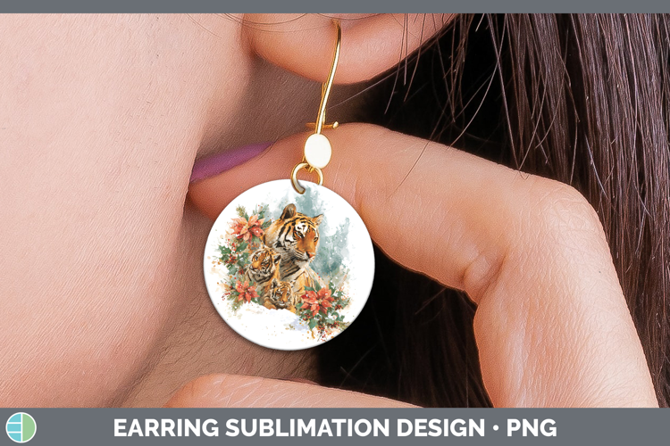 Tiger Animals Christmas Poinsettia Round Earrings Sublimatio