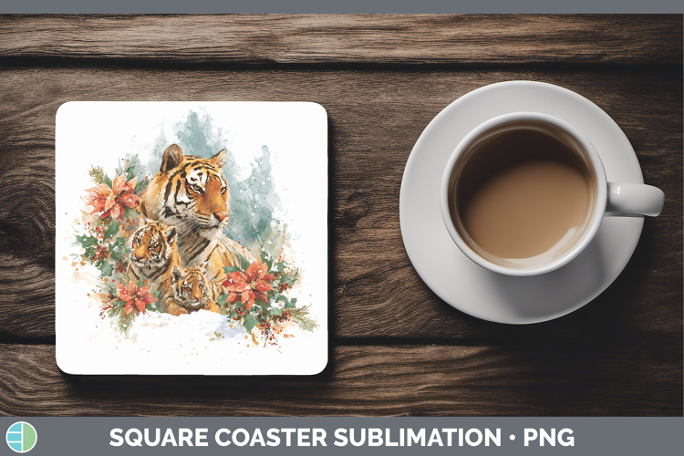 Tiger Animals Christmas Poinsettia Square Coaster Sublimatio
