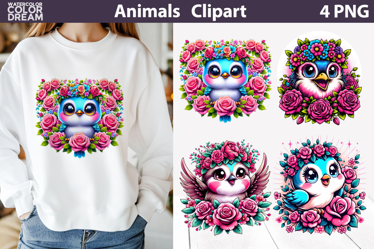 Bird Flowers Clipart | Bird Roses Sublimation