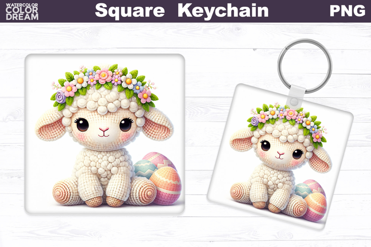 Cute Lamb Square Keychain Sublimation | Easter Floral Sheep
