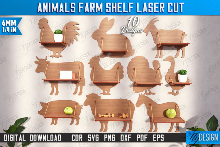 3D Farm Animals Shelves Laser Cut Bundle, Farmhouse Shelf