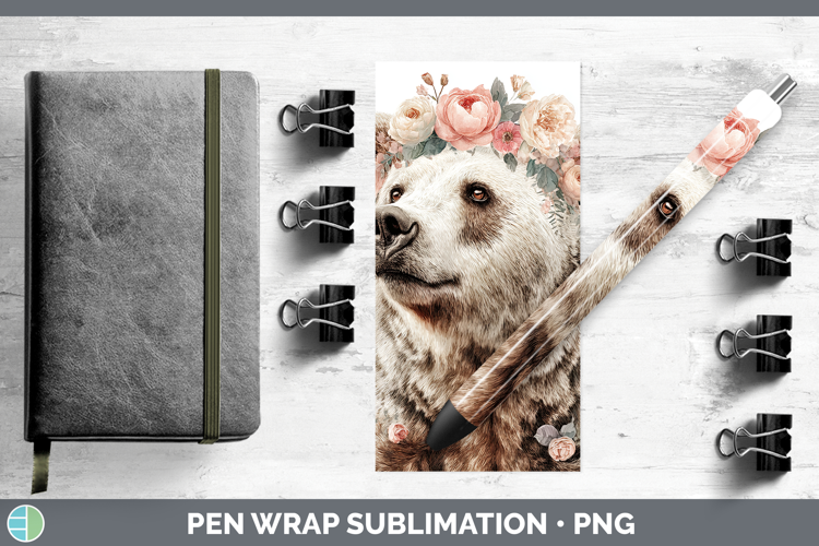 Bear Animals Floral Crown Pen Wrap Sublimation Design
