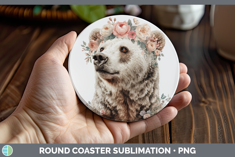 Bear Animals Floral Crown Round Coaster Sublimation Design