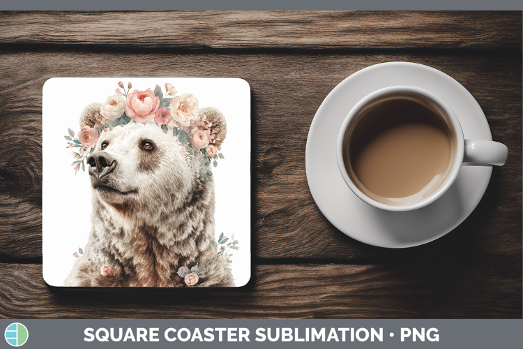 Bear Animals Floral Crown Square Coaster Sublimation Design