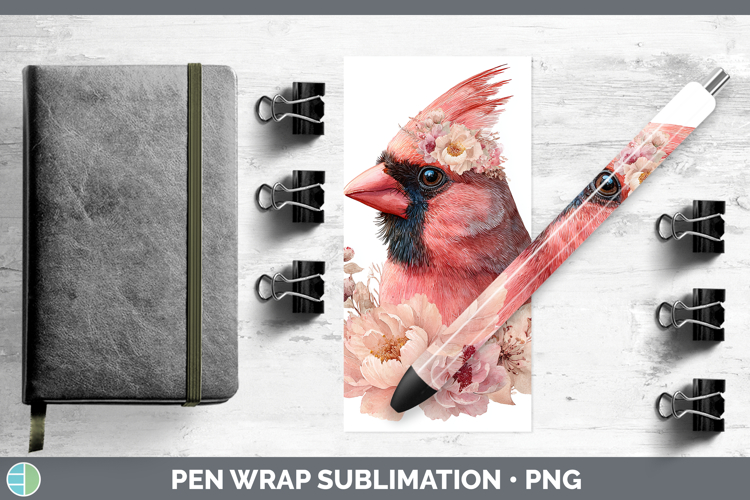Cardinal Animals Floral Crown Pen Wrap Sublimation Design