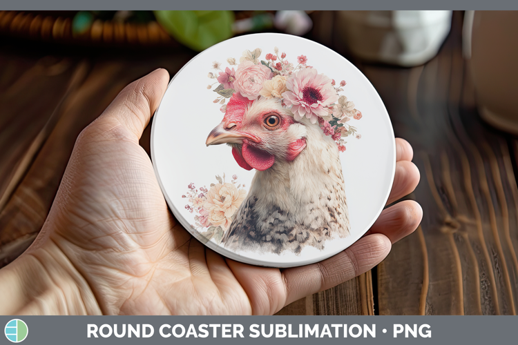 Chicken Animals Floral Crown Round Coaster Sublimation Desig