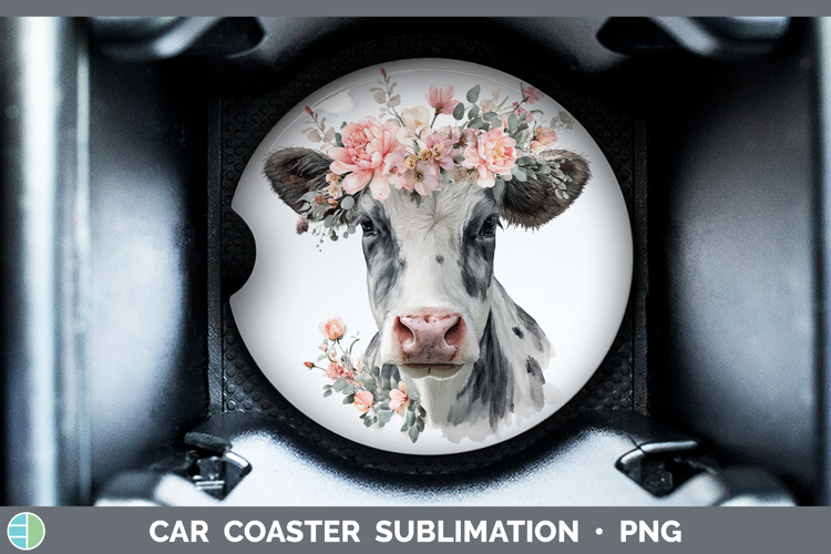 Cow Animals Floral Crown Car Coaster Sublimation Design