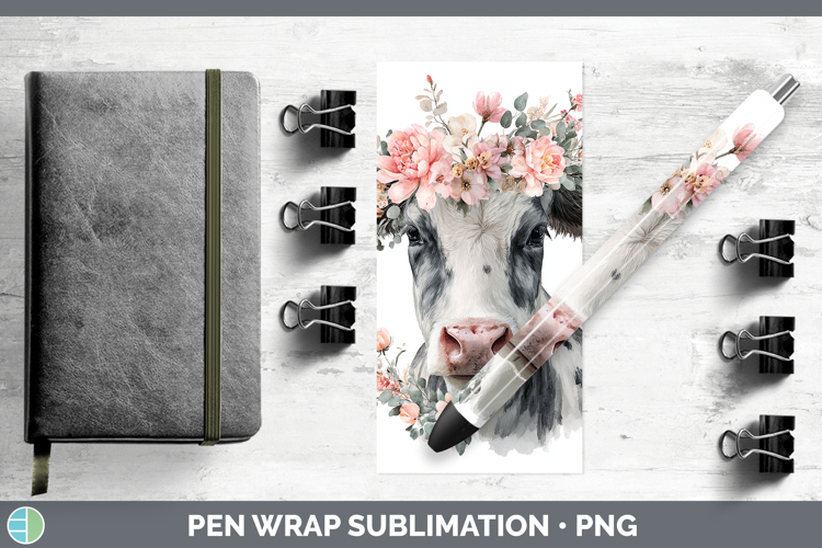 Cow Animals Floral Crown Pen Wrap Sublimation Design