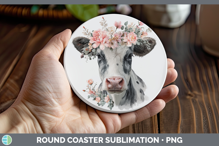 Cow Animals Floral Crown Round Coaster Sublimation Design