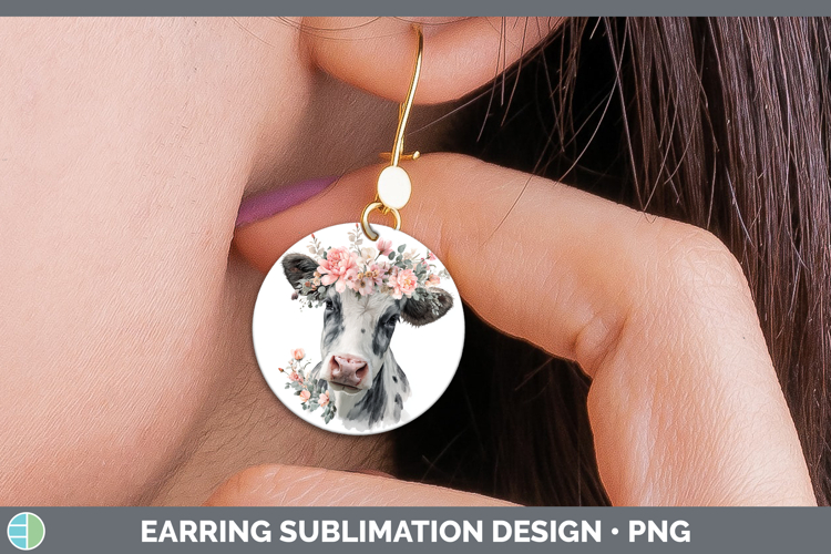 Cow Animals Floral Crown Round Earrings Sublimation Design