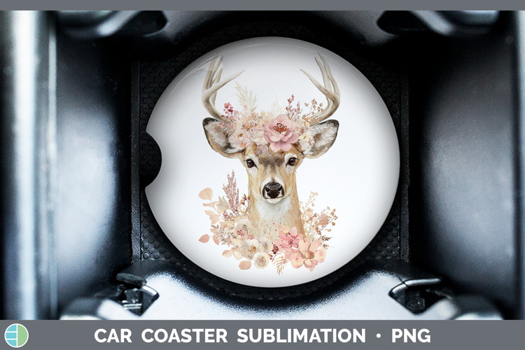 Deer Animals Floral Crown Car Coaster Sublimation Design