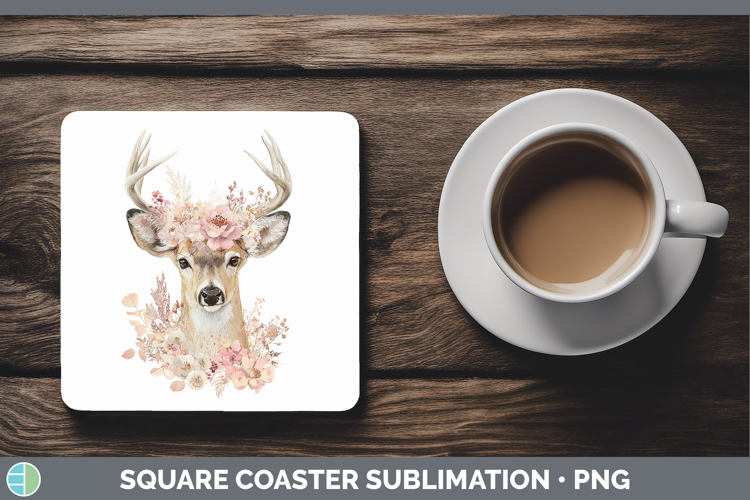 Deer Animals Floral Crown Square Coaster Sublimation Design