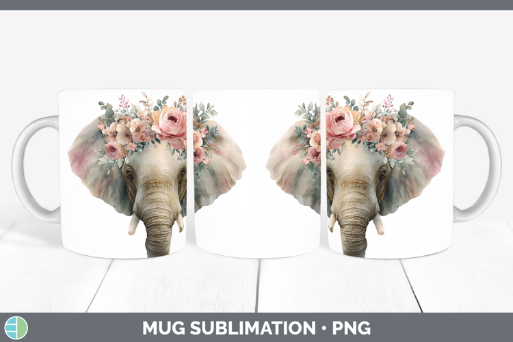 Elephant Animals Floral Crown Mug Wrap Sublimation Design