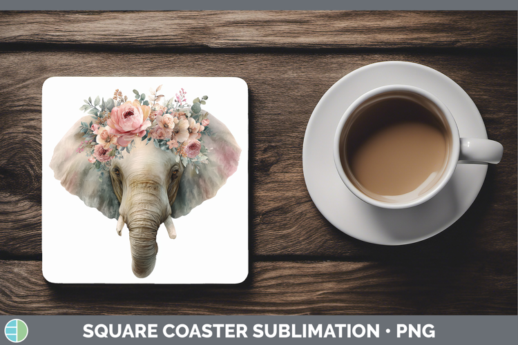 Elephant Animals Floral Crown Square Coaster Sublimation Des