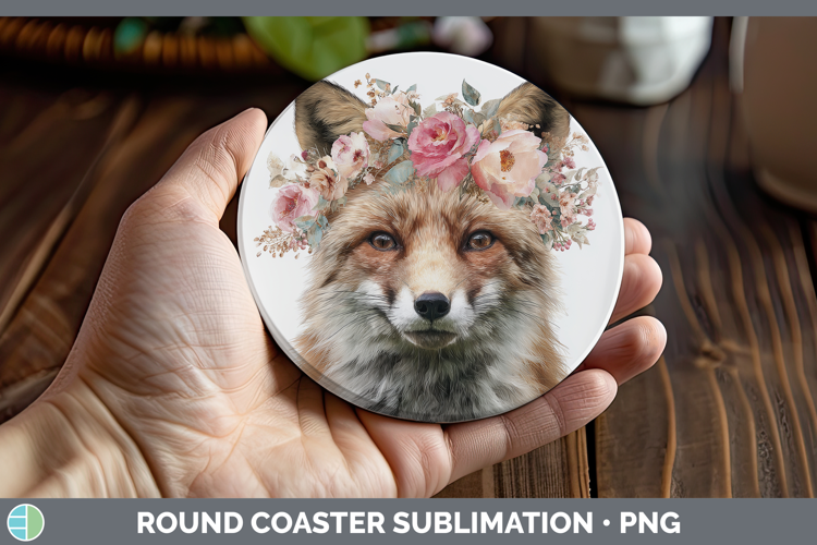 Fox Animals Floral Crown Round Coaster Sublimation Design