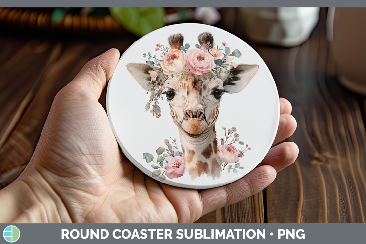 Giraffe Animals Floral Crown Round Coaster Sublimation Desig