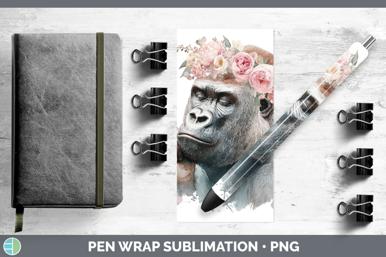 Gorilla Animals Floral Crown Pen Wrap Sublimation Design
