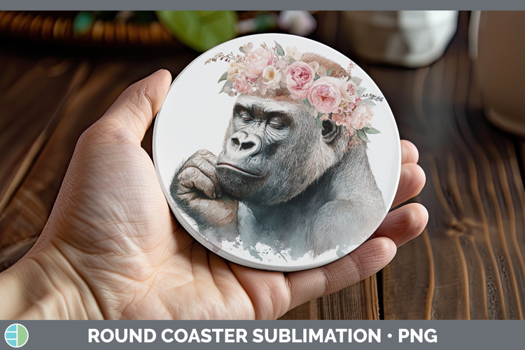 Gorilla Animals Floral Crown Round Coaster Sublimation Desig
