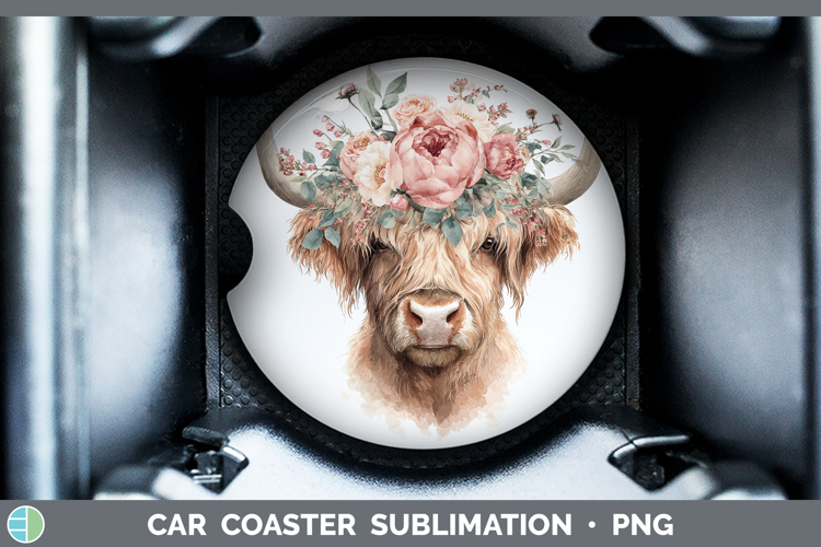 Highland Cow Animals Floral Crown Car Coaster Sublimation De