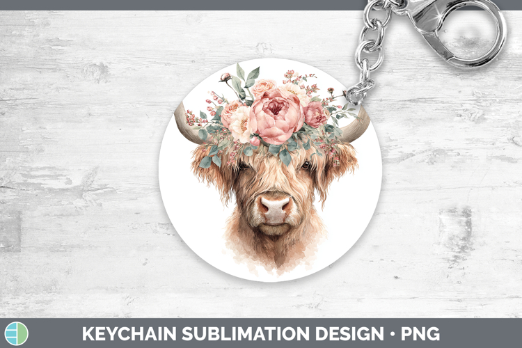 Highland Cow Animals Floral Crown Keychain Sublimation Desig